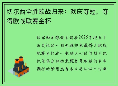 切尔西全胜欧战归来：欢庆夺冠，夺得欧战联赛金杯