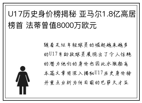 U17历史身价榜揭秘 亚马尔1.8亿高居榜首 法蒂曾值8000万欧元