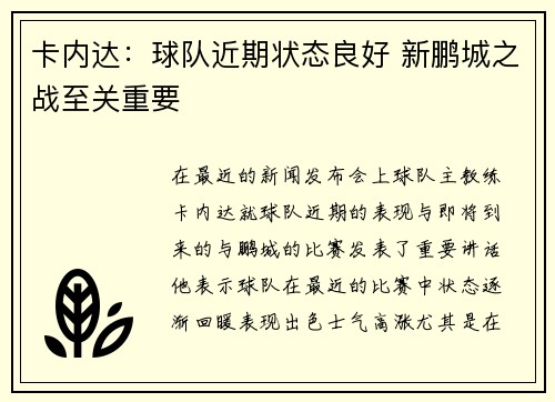 卡内达：球队近期状态良好 新鹏城之战至关重要