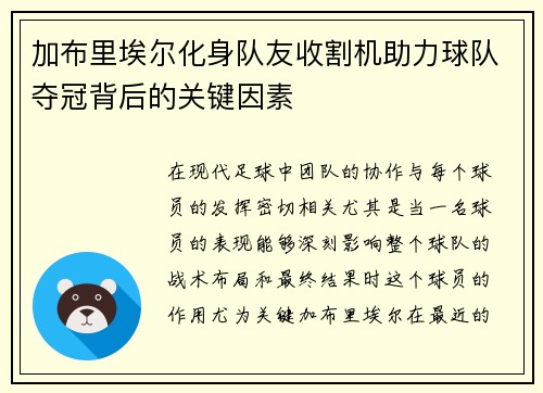 加布里埃尔化身队友收割机助力球队夺冠背后的关键因素